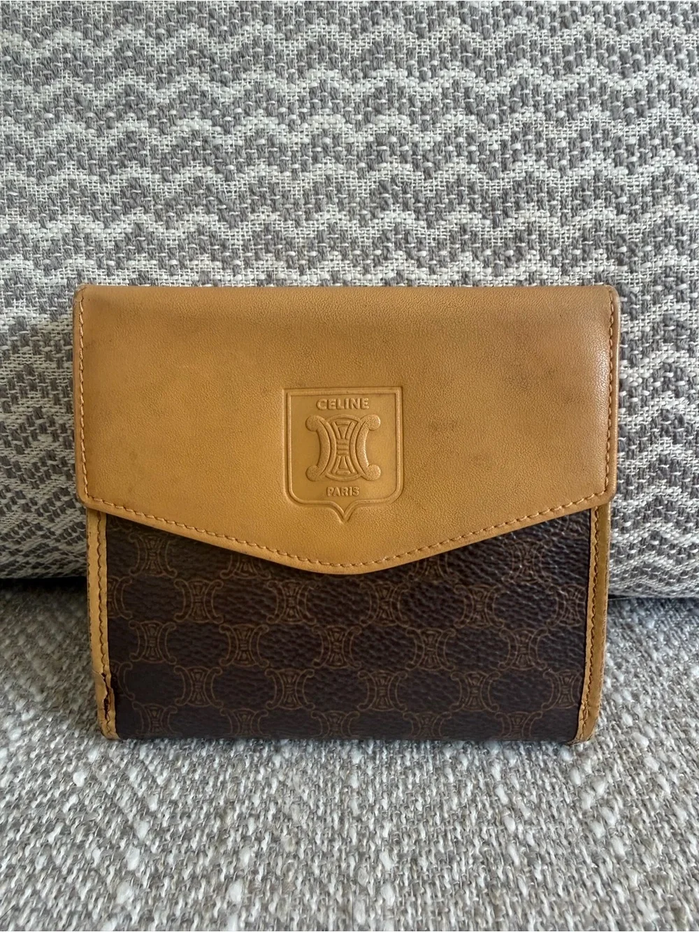 Vintage Celine Macadam Canvas & Tan Leather Bifold Wallet Coin Purse